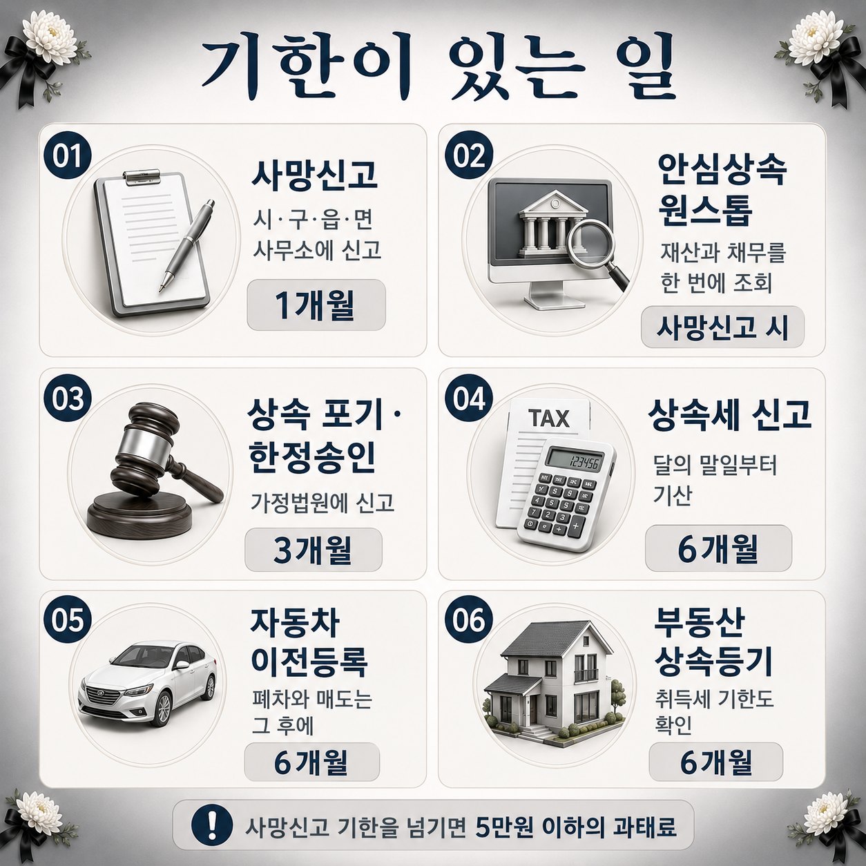 장례 후 기한이 있는 여섯 가지 절차. 사망신고 1개월, 안심상속 원스톱 서비스는 사망신고 시, 상속 포기와 한정승인 3개월, 상속세 신고 6개월, 자동차 이전등록 6개월, 부동산 상속등기 6개월. 사망신고 기한을 넘기면 5만원 이하의 과태료가 부과될 수 있습니다.